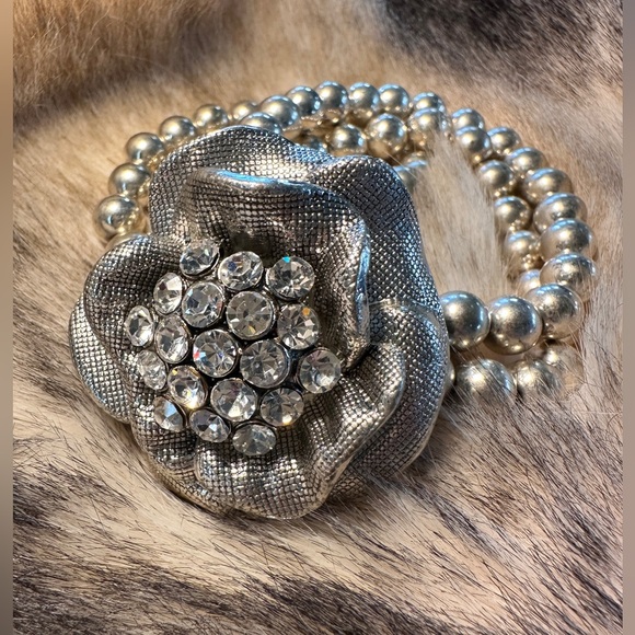 Cache Jewelry - Caché Silver Tone Rose Rhinestone Cluster Pendant Statement Bracelet